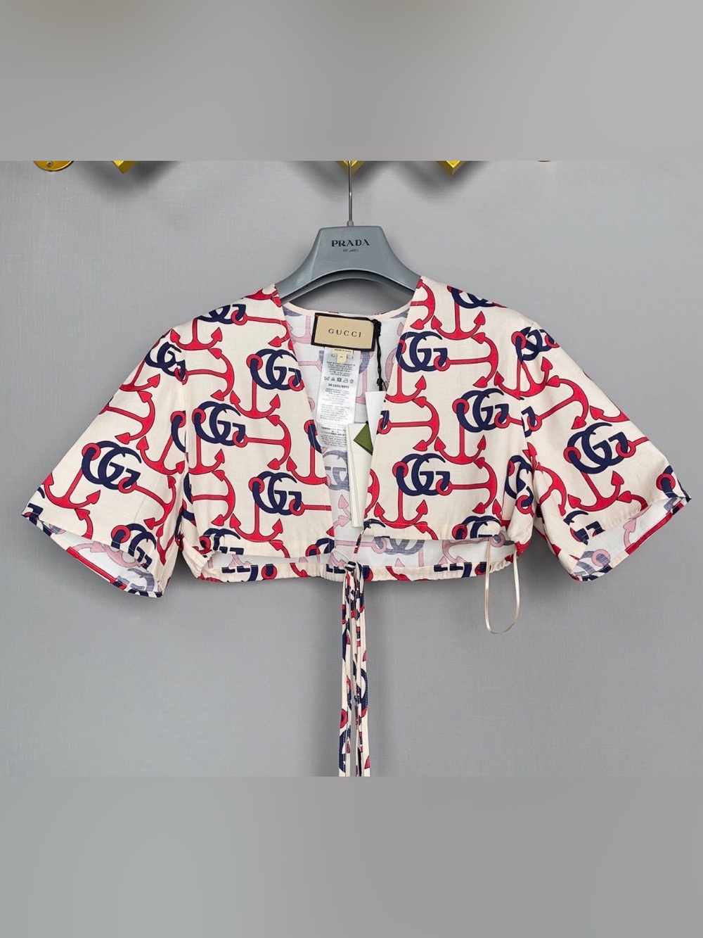 Gucci Cream Crop Top with Red & Navy Anchor & Monogram Print
